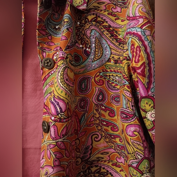 Coldwater Creek~Colorful Pink & Orange  Floral Paisley Sequin Beaded Jacket - Picture 5 of 15